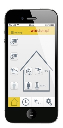 Mit der App „Weishaupt Heizungssteuerung“ kann die Heizungsanlage ?ber ein Smartphone komfortabel bedient werden.